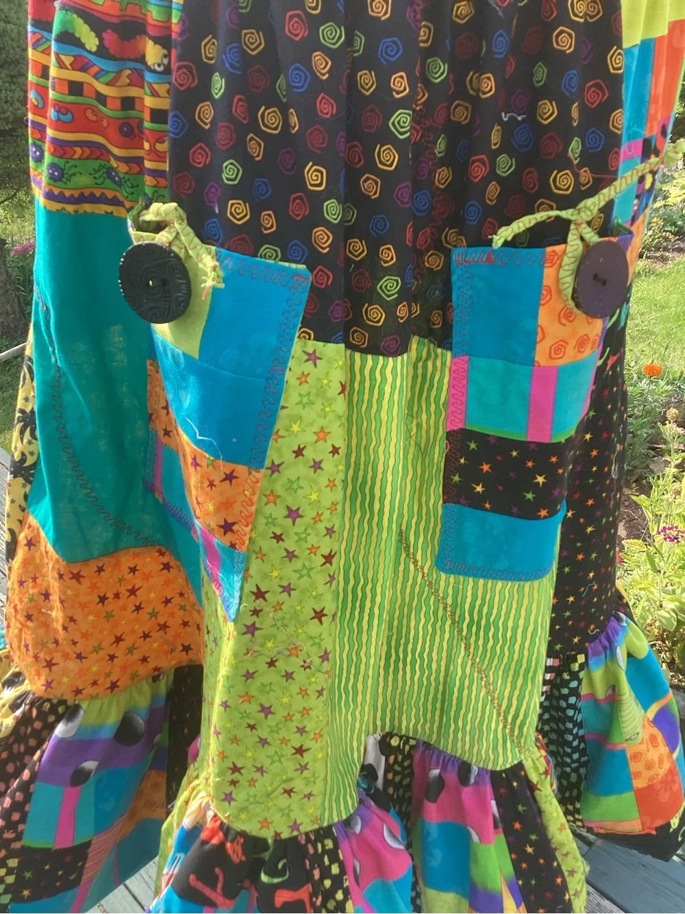 Upcycle Annie patchwork side /front pocket cotton tiered ruffle midi skirt. M-L